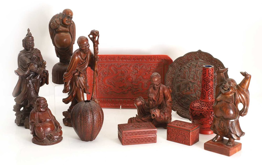 A collection of Chinese cinnabar lacquer and carved wood items, 20th century, (1 of 3)