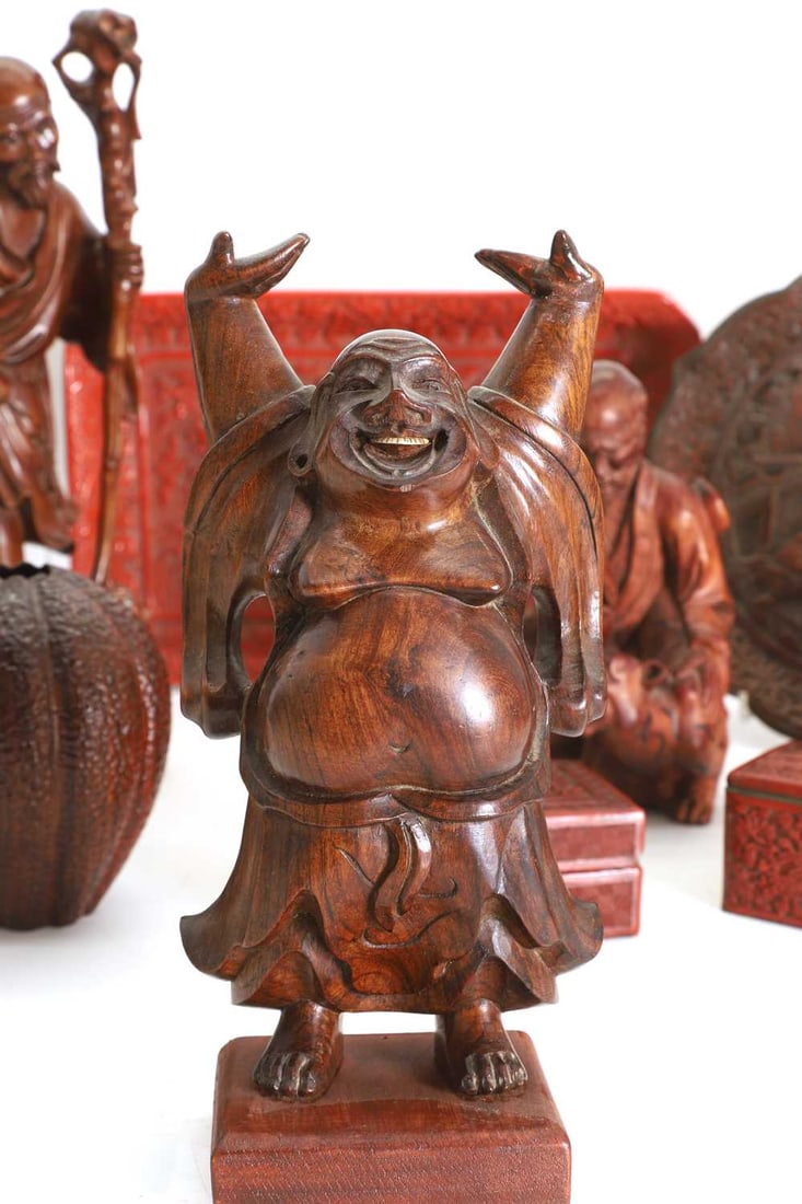 A collection of Chinese cinnabar lacquer and carved wood items, 20th century, - 2