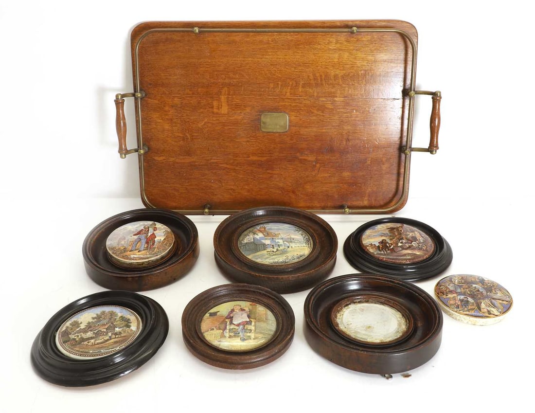 Six printed pot lids, 19th century, all framed,: Six printed pot lids, 19th century, all framed, 'Ages of Man', Garbaldi, 'The Times', 'The Residence of Anne Hathaway', all on an oak tray largest 12cm, 19.5cm diameter overall framed 6 Condition