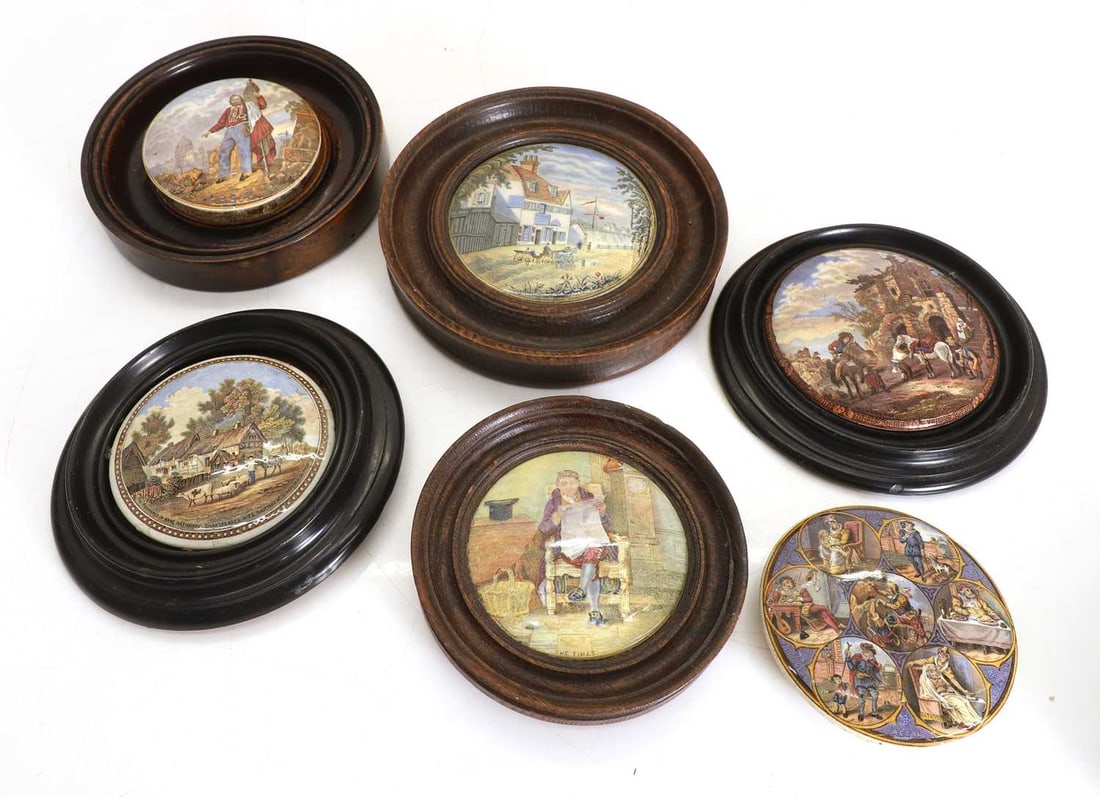 Six printed pot lids, 19th century, all framed, - 2