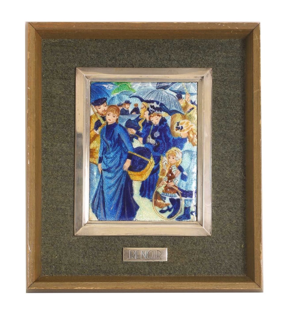 An enamelled and silver picture, 20th century, after Pierre-Auguste Renoir's 'Umbrellas',: An enamelled and silver picture, 20th century, after Pierre-Auguste Renoir's 'Umbrellas', felt mounted and framed 12 x 9.5cm, 32 x 20.5cm overall