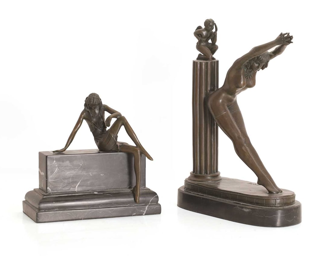 Two modern cast figures of ladies, of recent manufacture,: Two modern cast figures of ladies, of recent manufacture, one signed 'Erte', each with marble plinths 32cm and 21.5cm high 2 Condition Report: Fair overall.