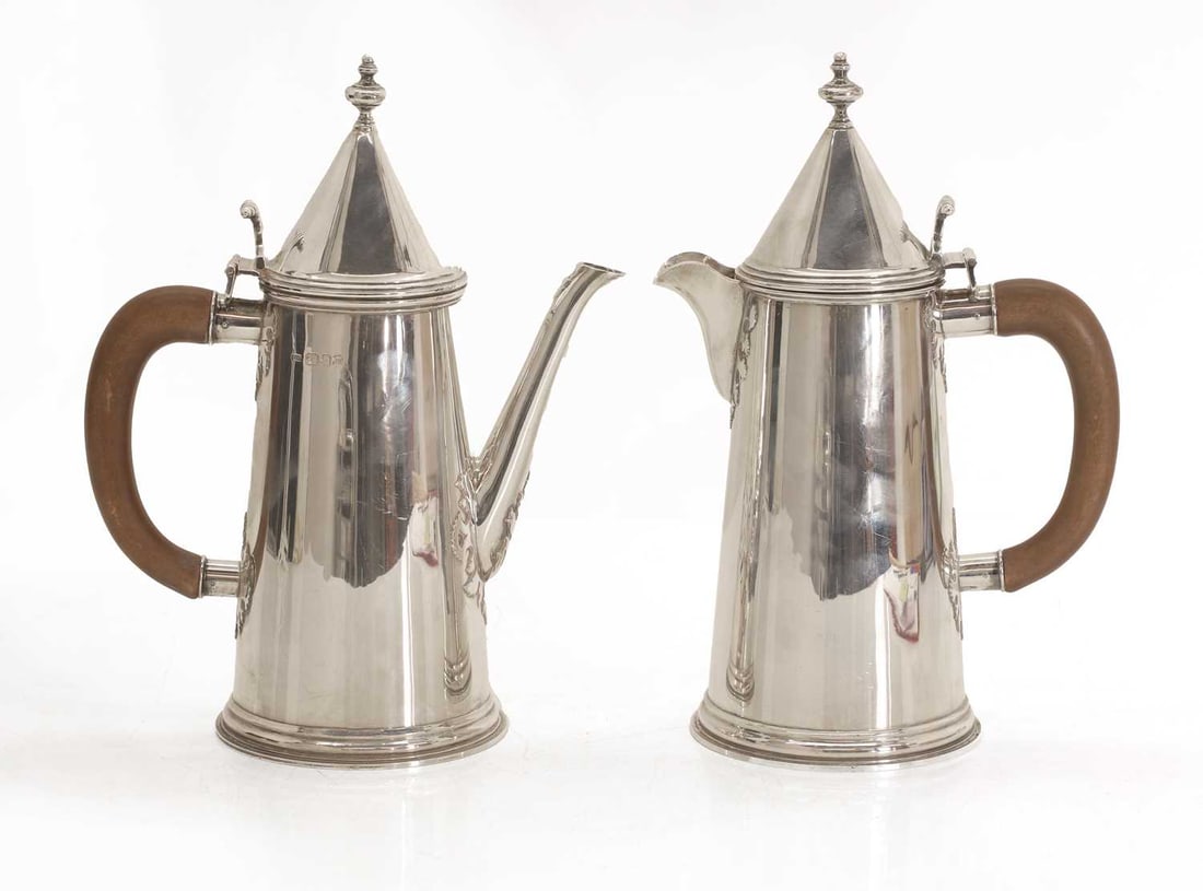 A pair of silver cut card coffee and hot water pots, Mappin and Webb, London, 1967, - 2