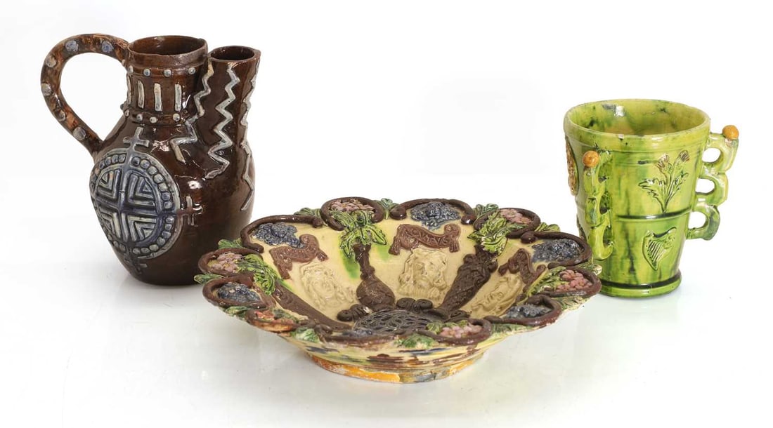Edward Bingham for Castle Hedingham Pottery circa 1890, a tyg, a jug and a plate - 2