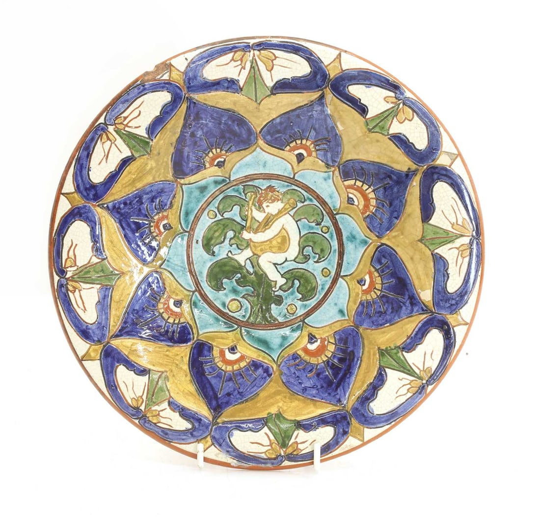 A Della Robbia pottery dish, dated 1898, designed by Carlo Manzoni, (1 of 2)