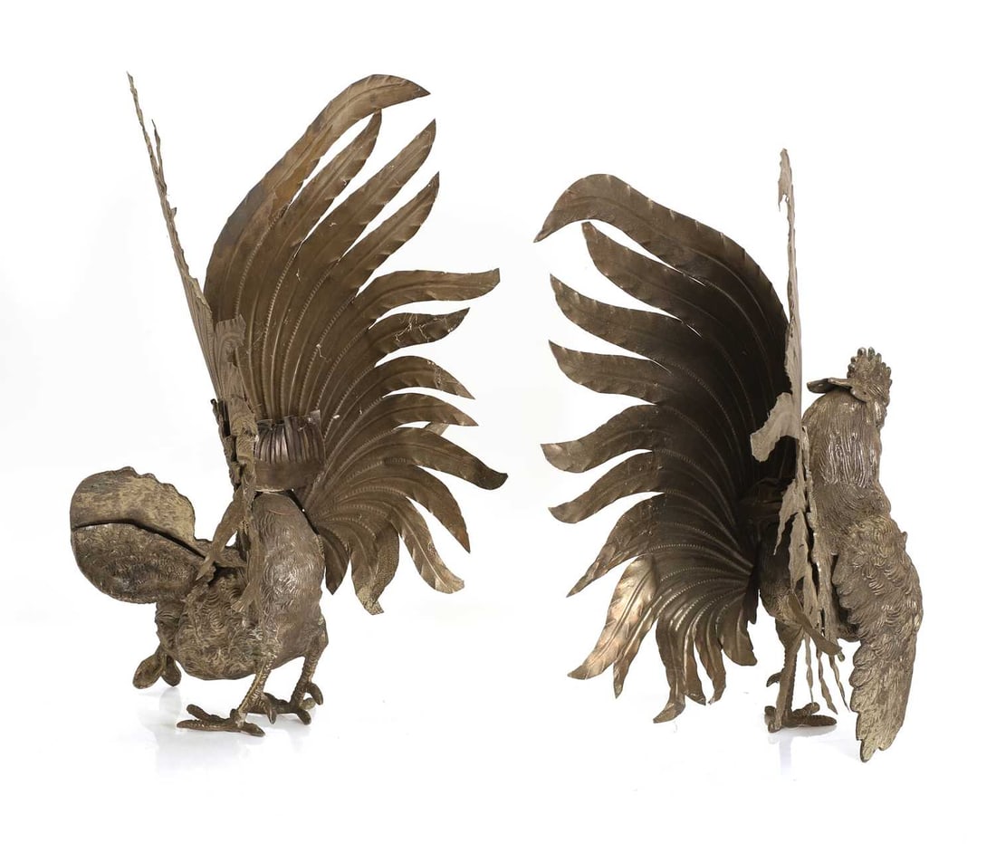 A pair of large silvered metal fighting cocks, 20th century, - 2