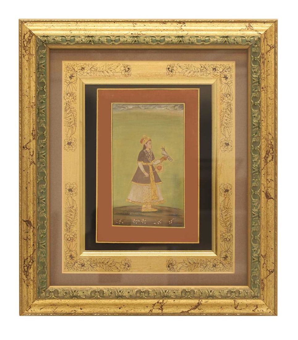 An Indian painting of a lady with a falcon, 20th century, Northern India,: An Indian painting of a lady with a falcon, 20th century, Northern India, depicted facing right, dressed in a layered garment with a golden sash and a gilded headdress, holding a crowned falcon in one
