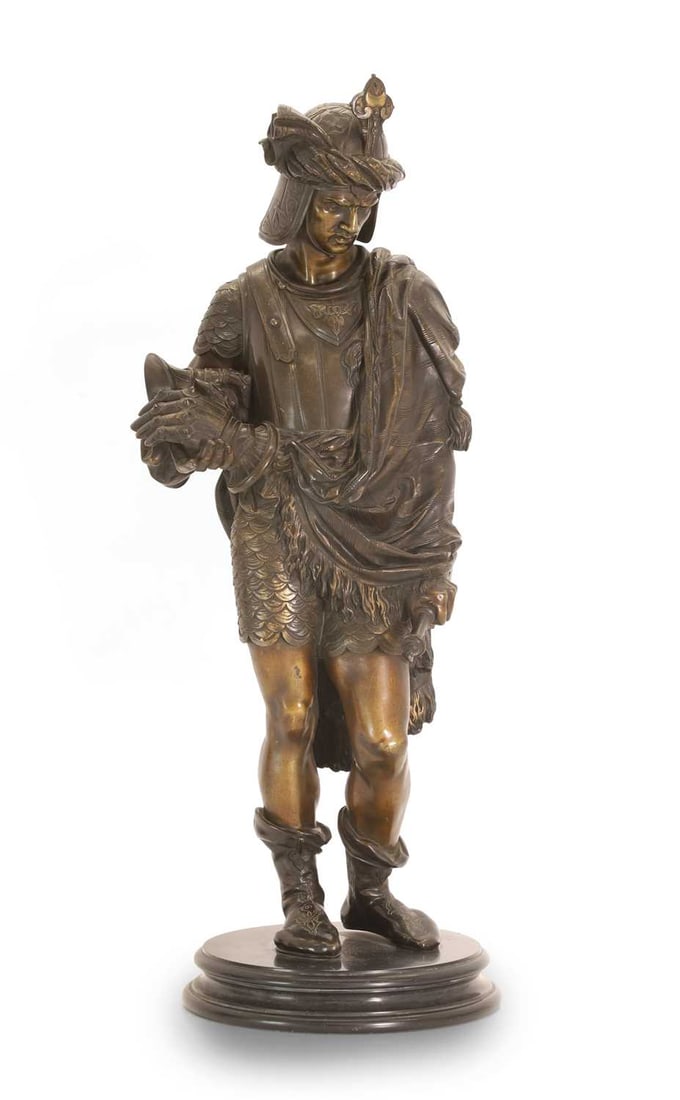 A French bronze of Saladin, 19th century,: A French bronze of Saladin, 19th century, the standing figure over the circular base, patinated throughout 24.5cm wide, 57cm high Condition Report: Minor play to base, rubbing and wear present.