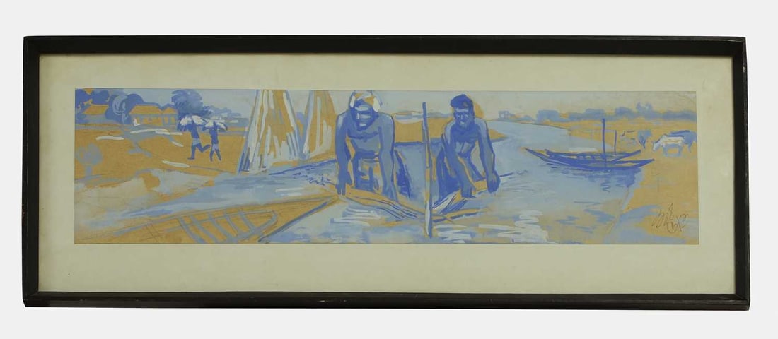 Indian School, 20th century Untitled: Indian School, 20th century Untitled a fishermen’s scene in a rural Indian village, indistinctly signed l.r., watercolour and pencil on paper image 12.5 x 50cm; framed and glazed