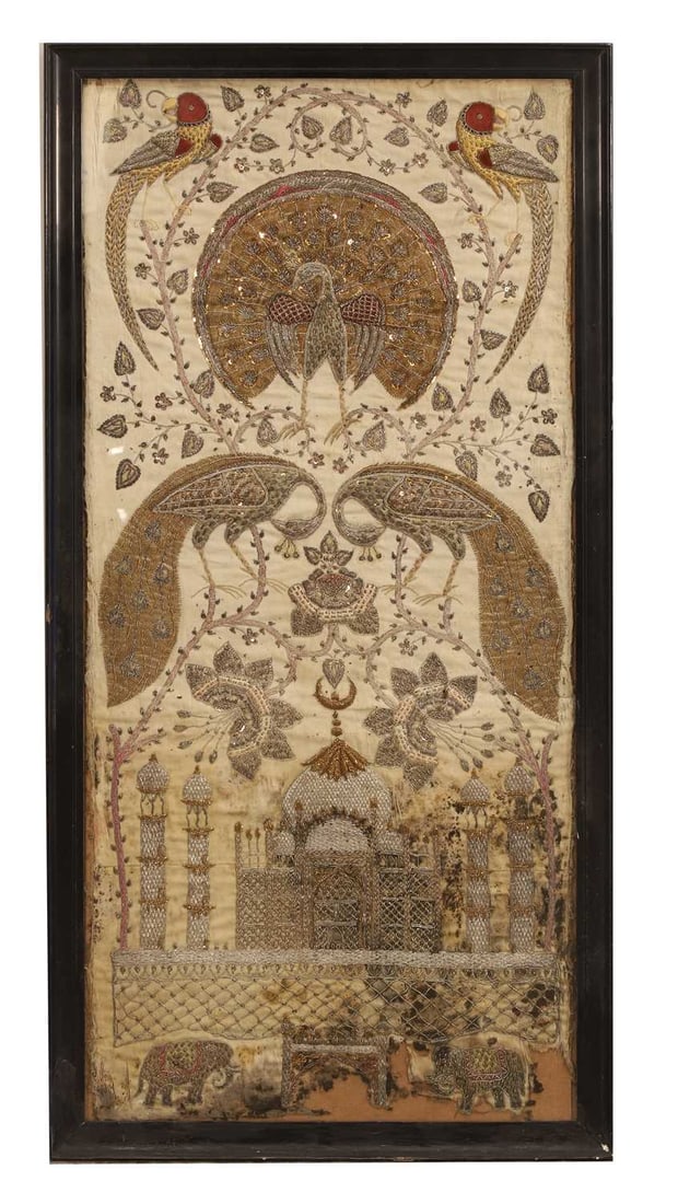 An Indian silk and stumpwork embroidered panel, 19th-20th century,: An Indian silk and stumpwork embroidered panel, 19th-20th century, worked in metal-thread, sequins and beads, decorated with trailing vines, various birds, elephants and peacocks, and the Taj Mahal