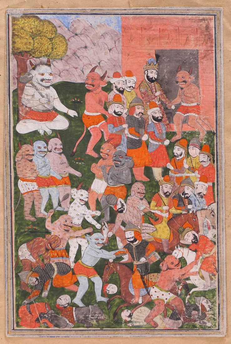 An Indian illustrated folio from a dispersed Hamzanama series, 19th century, Northern India, Kashmir: An Indian illustrated folio from a dispersed Hamzanama series, 19th century, Northern India, Kashmir, depicting a battle scene between mounted warriors, soldiers, and divs (demonic figures), an