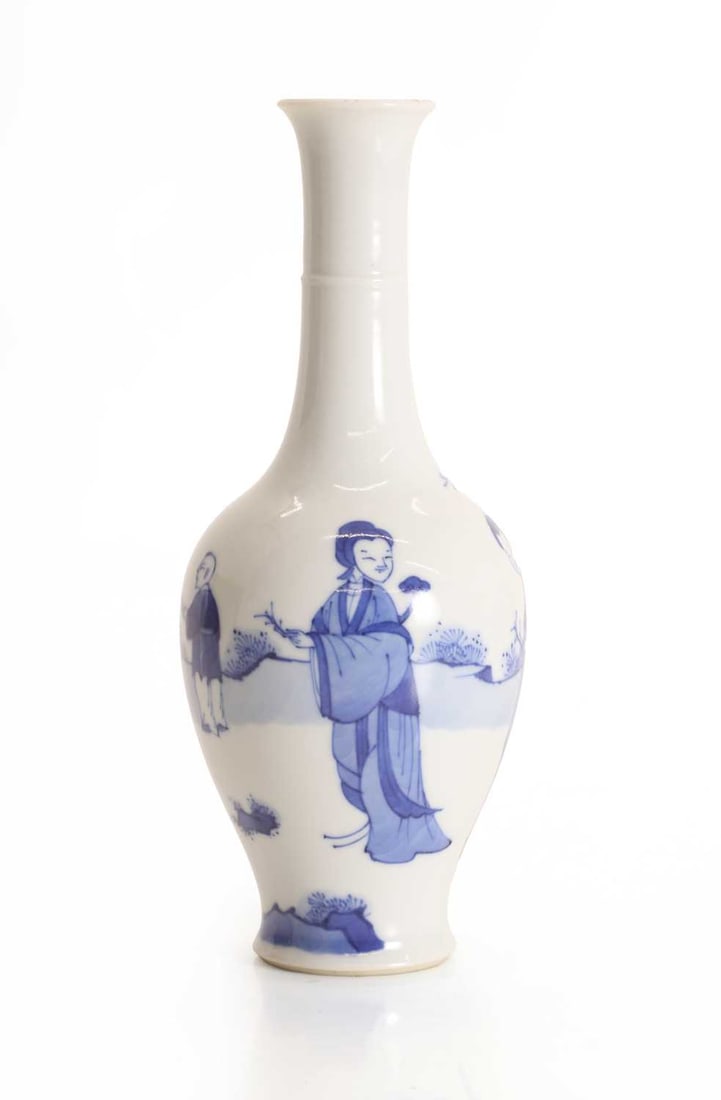A Chinese blue and white vase,: A Chinese blue and white vase, the globular body raised on a short spreading foot, and painted with a continuous scene of boys and ladies in a landscape, below a high cylindrical neck with an everted