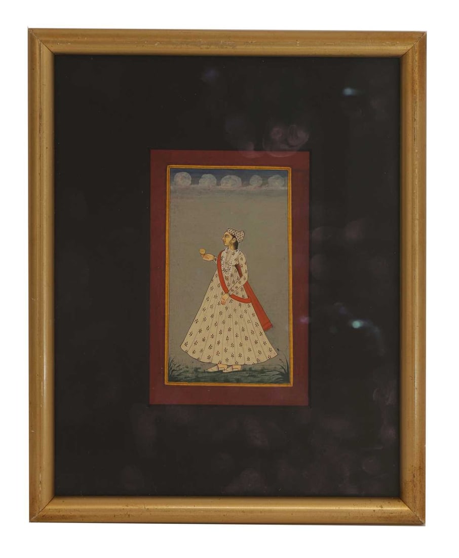 An Indian painting of a lady holding an offering cup, 20th century, Northern India,: An Indian painting of a lady holding an offering cup, 20th century, Northern India, shown in a long white embroidered jama with an orange sash, holding a gilt offering bowl in her right hand, on a