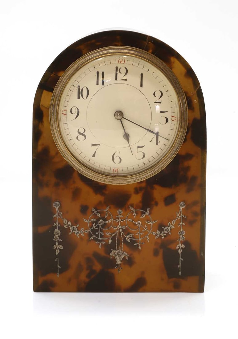 A French tortoiseshell and silver inlaid mantel clock, early 20th century, (1 of 2)