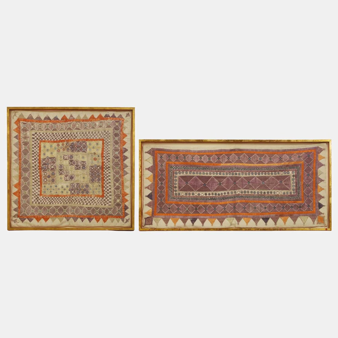 Two Indian 'chakla' cotton wall hangings, 20th century, North-Western India,: Two Indian 'chakla' cotton wall hangings, 20th century, North-Western India, each embroidered with floss silk on cotton, accented with mirrorwork, in polychrome with floral and geometric patterns and