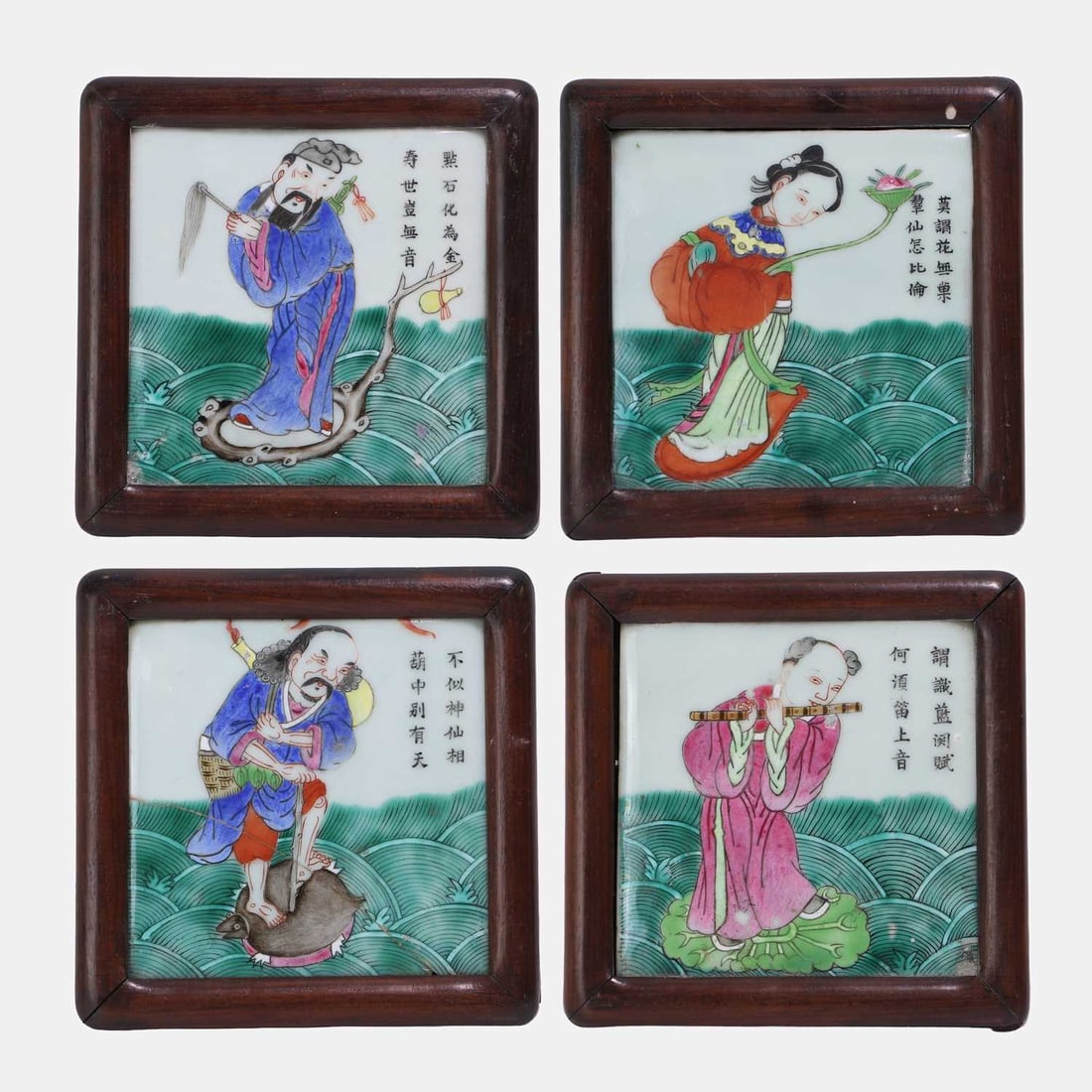 Four Chinese famille rose porcelain plaques, Tongzhi (1862-1874),: Four Chinese famille rose porcelain plaques, Tongzhi (1862-1874), painted with male and female figures at various pursuits, in a stylised landscape beside an inscription 15.5 x 15.5cm, each in a