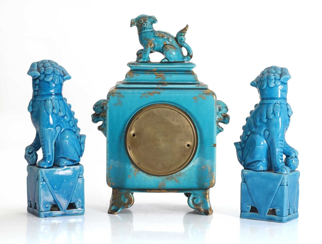 A Chinese blue glazed mantel clock, - 2