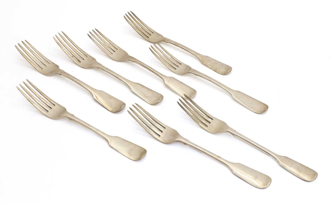 A collection of Victorian and Georgian silver table forks,: A collection of Victorian and Georgian silver table forks, three forks by Hyam Hyams, London 1825, another pair by Joseph & Albert Savory, London 1838, the remaining three with various marks The
