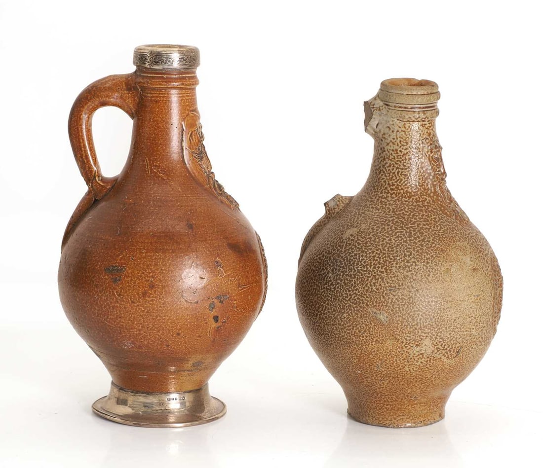 Two Bellarmine stoneware jugs, 17th century, German, - 2