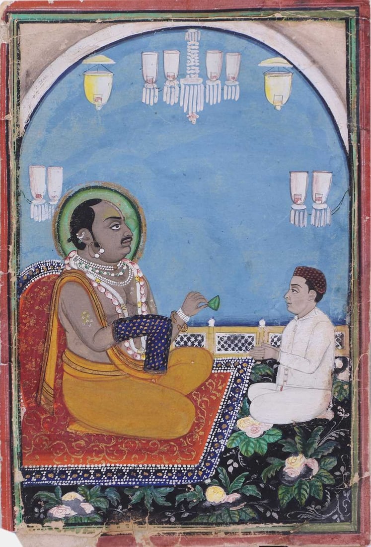 An Indian painting of a holy man and his disciple, 19th century, North Western India, Rajasthan, pos: An Indian painting of a holy man and his disciple, 19th century, North Western India, Rajasthan, possibly Nathdwara, depicted seated on a gilt-highlighted cushion, with an offering of paan to the