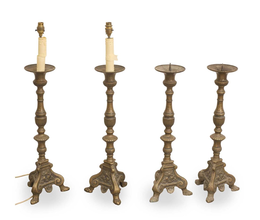 A pair of large 17th century style table lamps, 20th century,: A pair of large 17th century style table lamps, 20th century, with knopped stem, raised on triform base and fitted with square pleated shades, together two further similar pricket candlestands 20cm