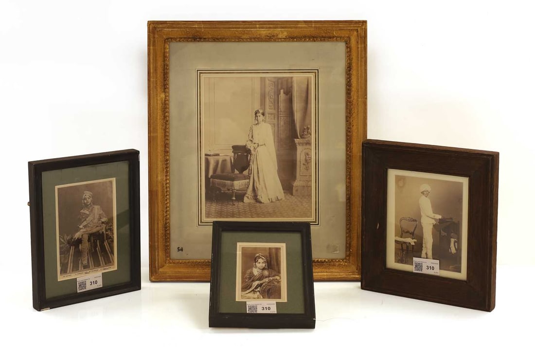A group of four photographs of Indian subjects, 20th century,: A group of four photographs of Indian subjects, 20th century, comprising a photographic postcard of a dancing girl of Lucknow, by P D Kapoor & Sons, another of a courtesan, one of a male servant, 