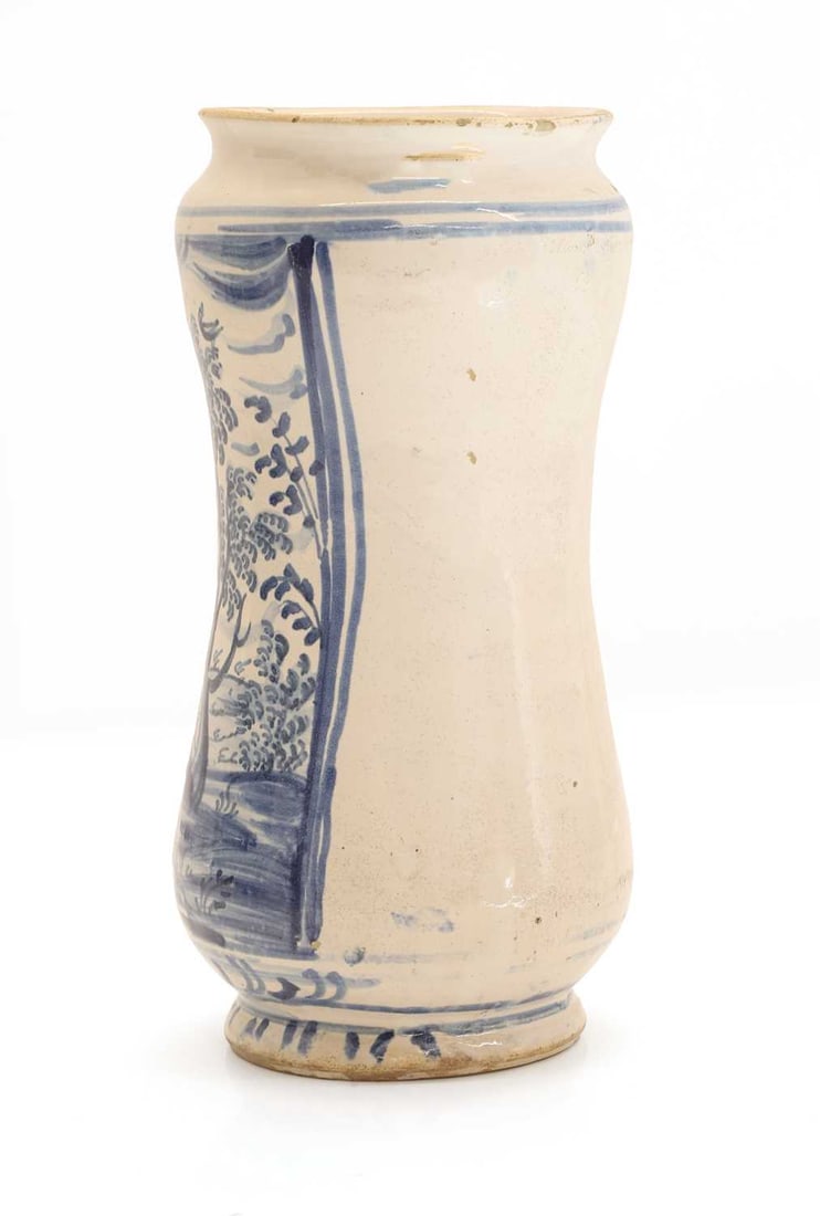 A blue and white tin glazed albarello drug jar, 18th/19th century, - 2