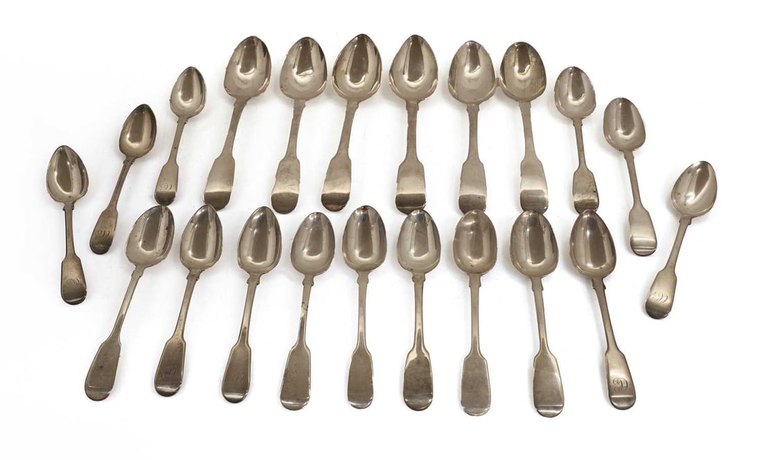 A set of four Scottish George IV silver spoons, by Andrew Wilkie, Edinburgh 1829,: A set of four Scottish George IV silver spoons, by Andrew Wilkie, Edinburgh 1829, together a set of six silver teaspoons by W E, London 1814?, with a collection of various additional spoons The