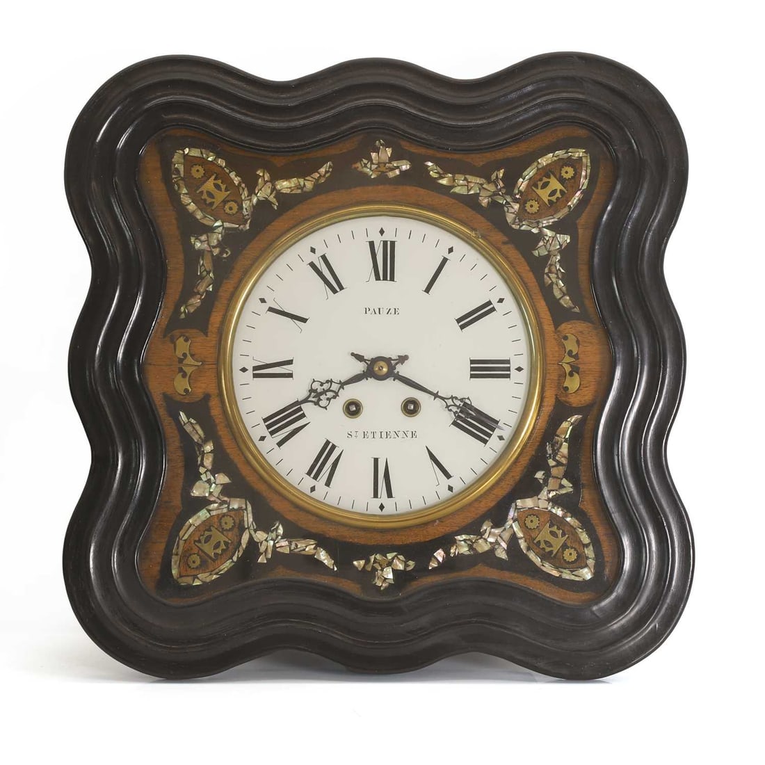 A French vineyard wall clock, 19th century,: A French vineyard wall clock, 19th century, 8-day striking movement, ebonised wooden case, with walnut, brass and mother-of-pearl inlaid decoration surrounding the roman numeral dial 49cm wide, 51cm h
