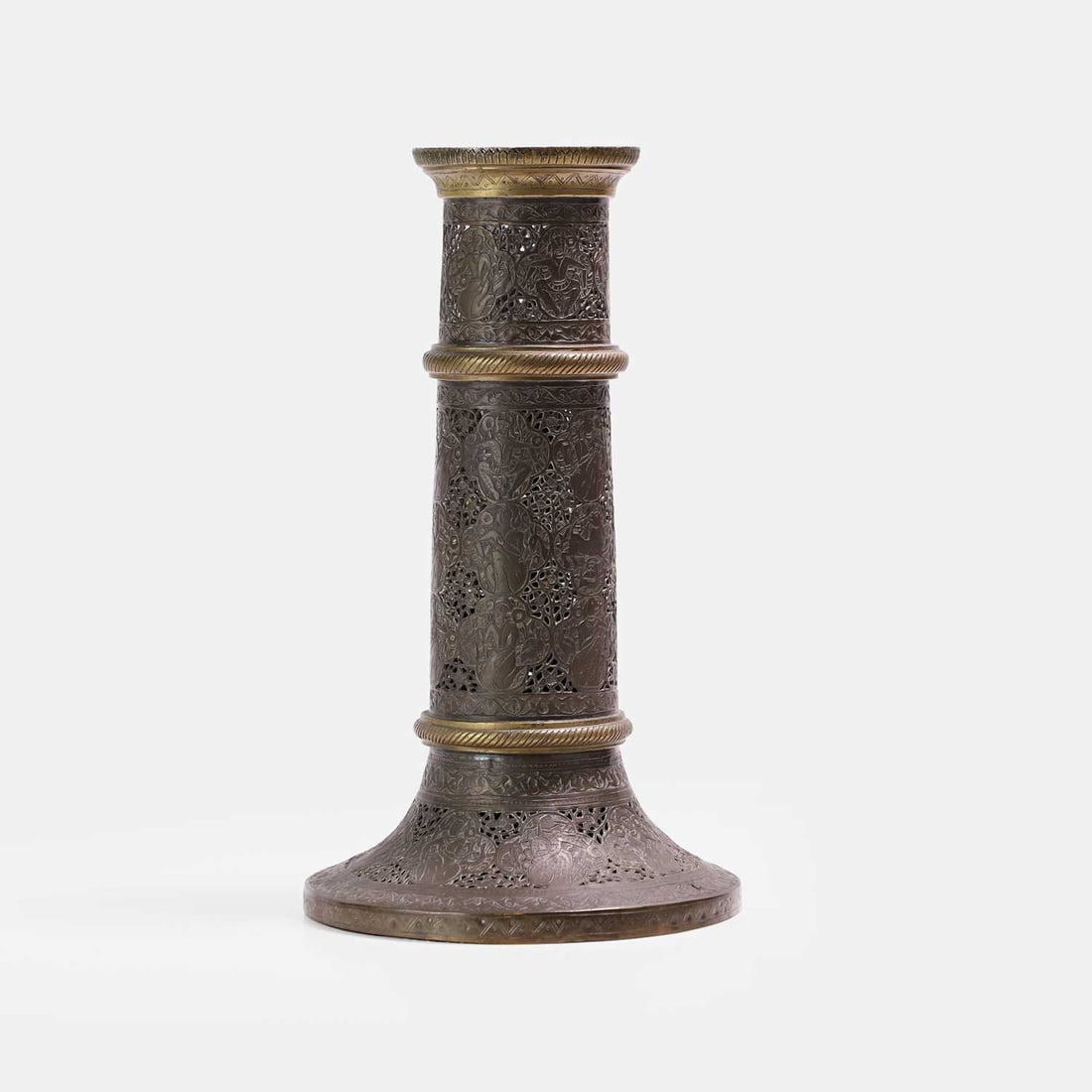 A Qajar openwork brass 'mash’al' torch stand, 19th century, - 2