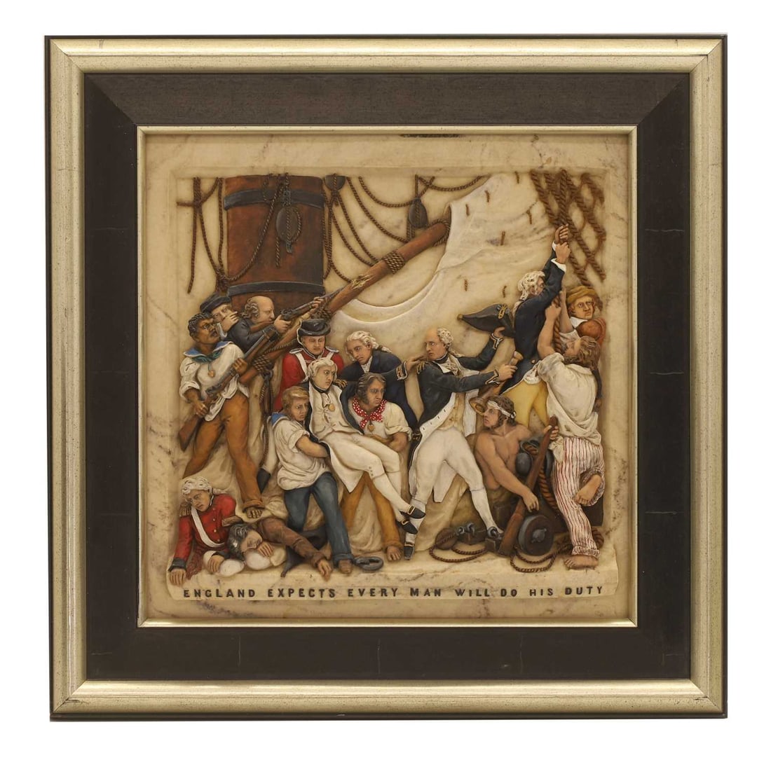 A reconstituted coloured marble plaque, 20th century,: A reconstituted coloured marble plaque, 20th century, commemorating the Battle of Trafalgar, October 1805, with figures in relief and inscription "England Expects Every Man Will Do His Duty", with an