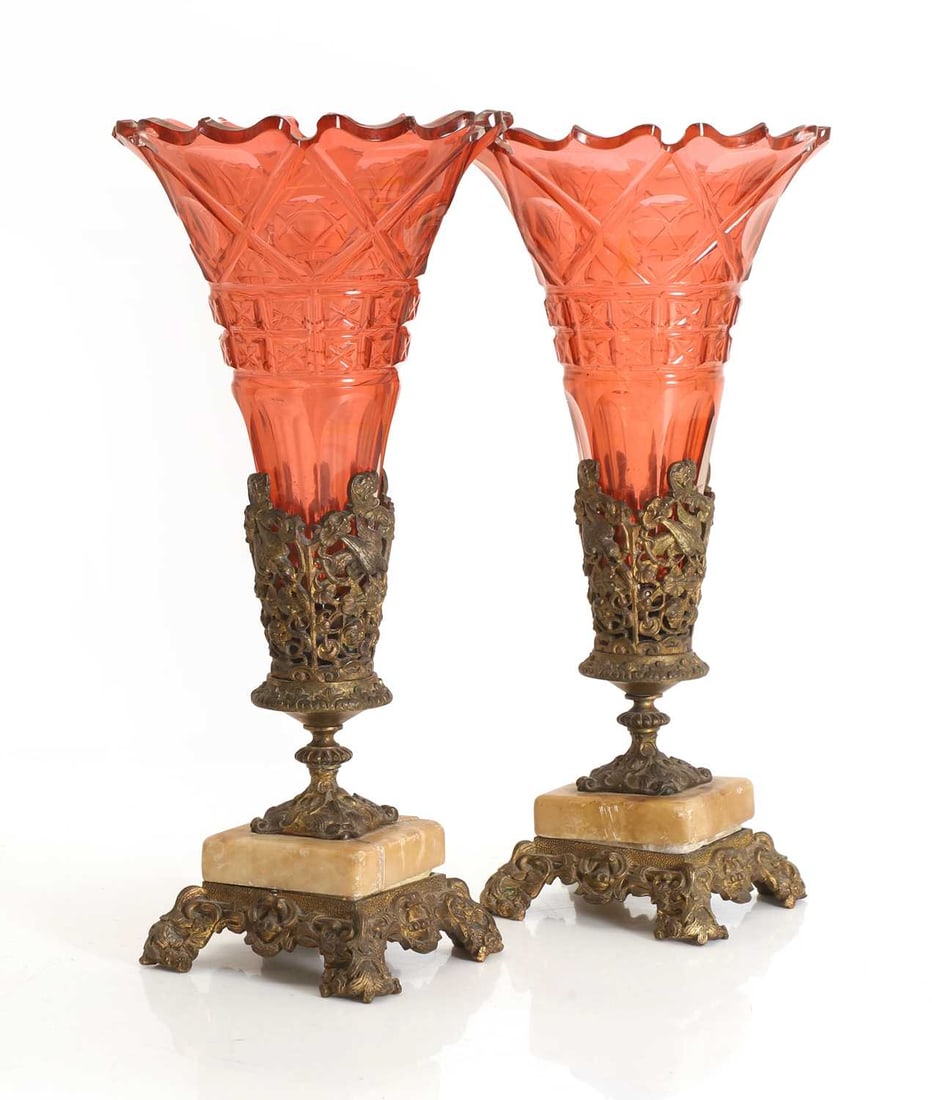 A pair of ruby cut-glass and brass-mounted vases, late 19th century, French, - 2