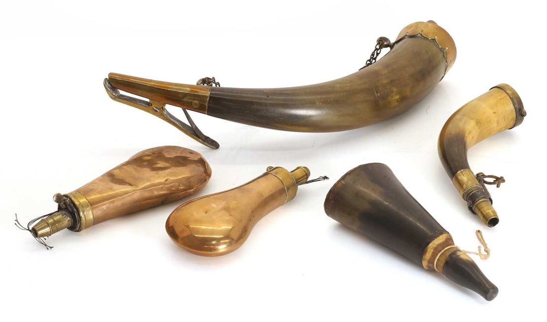 A collection of powder flasks, 18th/19th century, - 2