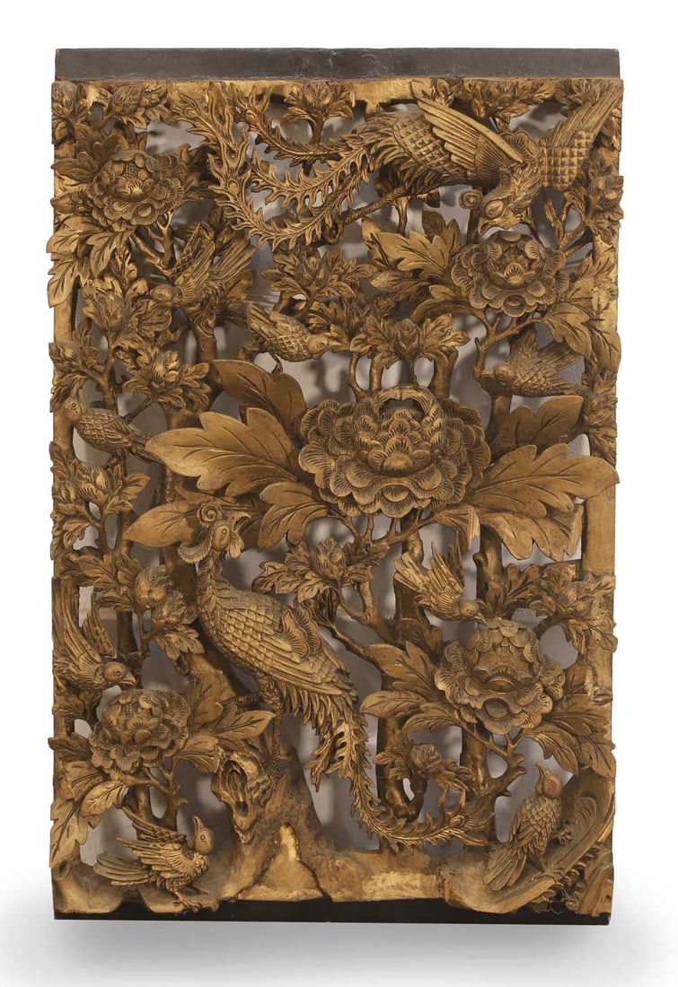 A Chinese pierced and carved panel, 20th century,: A Chinese pierced and carved panel, 20th century, of rectangular form, densely carved with phoenixes, peonies, birds, and foliage 60 x 38cm Provenance: The contents of Thornton House, Clare.
