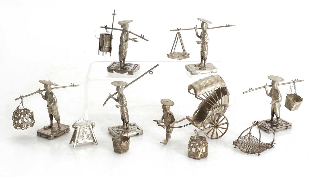 A collection of six Chinese sterling silver street vendors, 20th century,: A collection of six Chinese sterling silver street vendors, 20th century, various stamped marks largest, 7cm approx,3.9ozt approx 6 Condition Report: Loose baggage - fair overall condition figures.