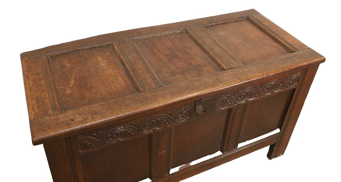 An oak three panelled coffer, circa 1700, - 2
