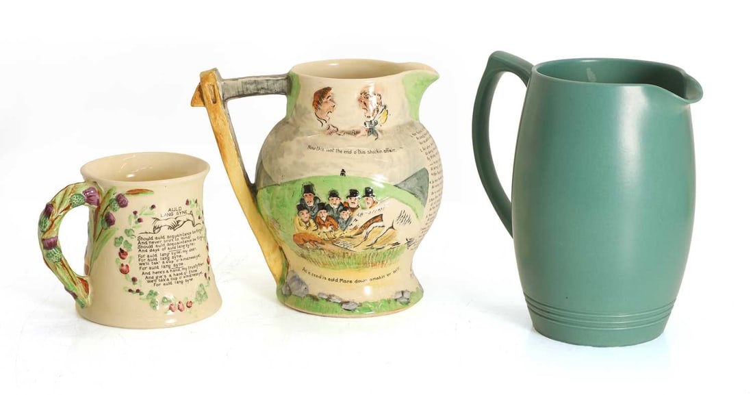 A Crown Devon Fieldings musical 'Widdicombe Fair' jug, and 'Auld Lang Syne' musical tankard, 20th ce - 2