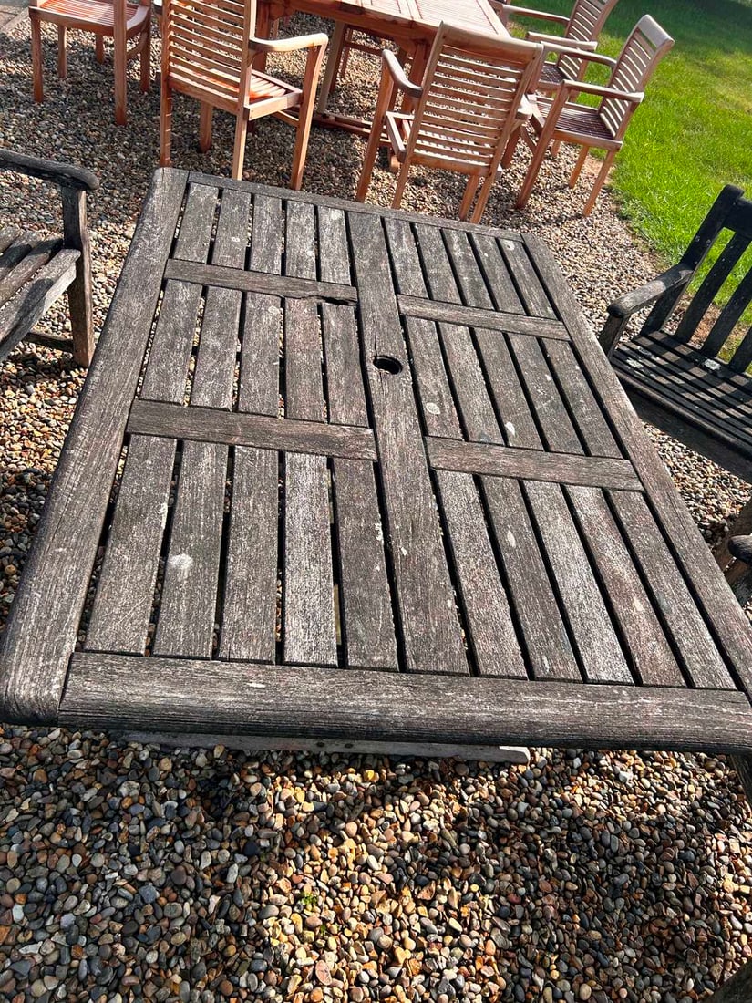 A teak garden dining suite, of modern manufacture, - 4