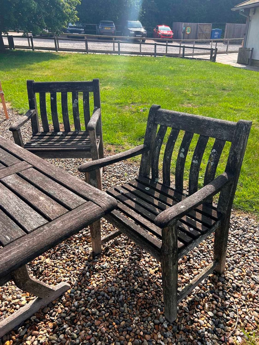 A teak garden dining suite, of modern manufacture, - 5