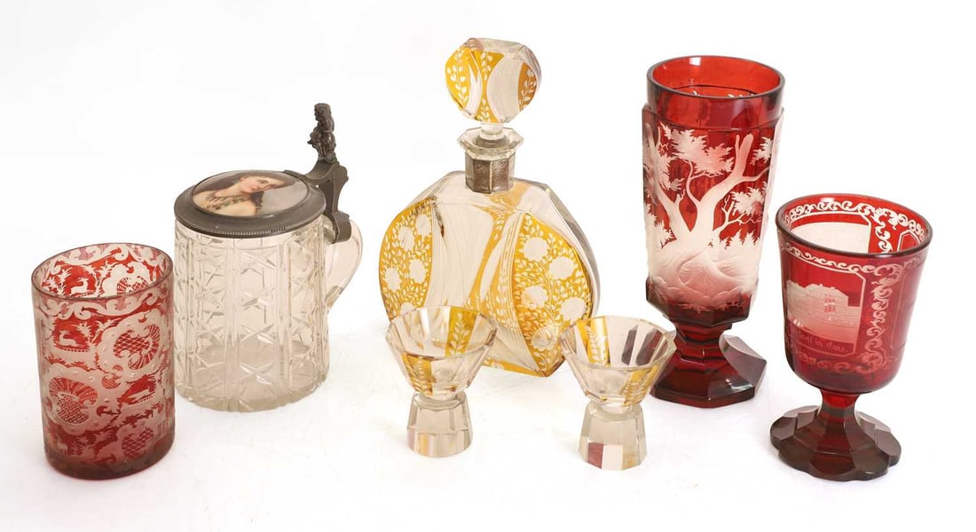 Two Bohemian ruby and clear glass goblets and a beaker, late 19th century, (1 of 2)