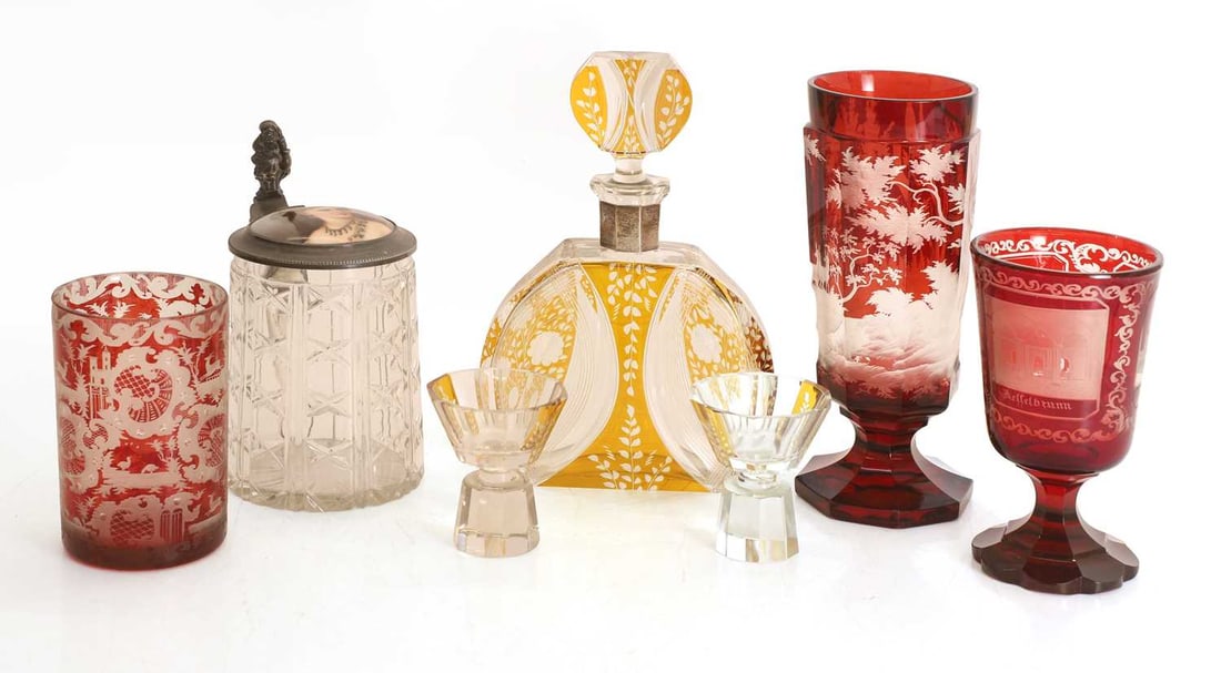 Two Bohemian ruby and clear glass goblets and a beaker, late 19th century, - 2