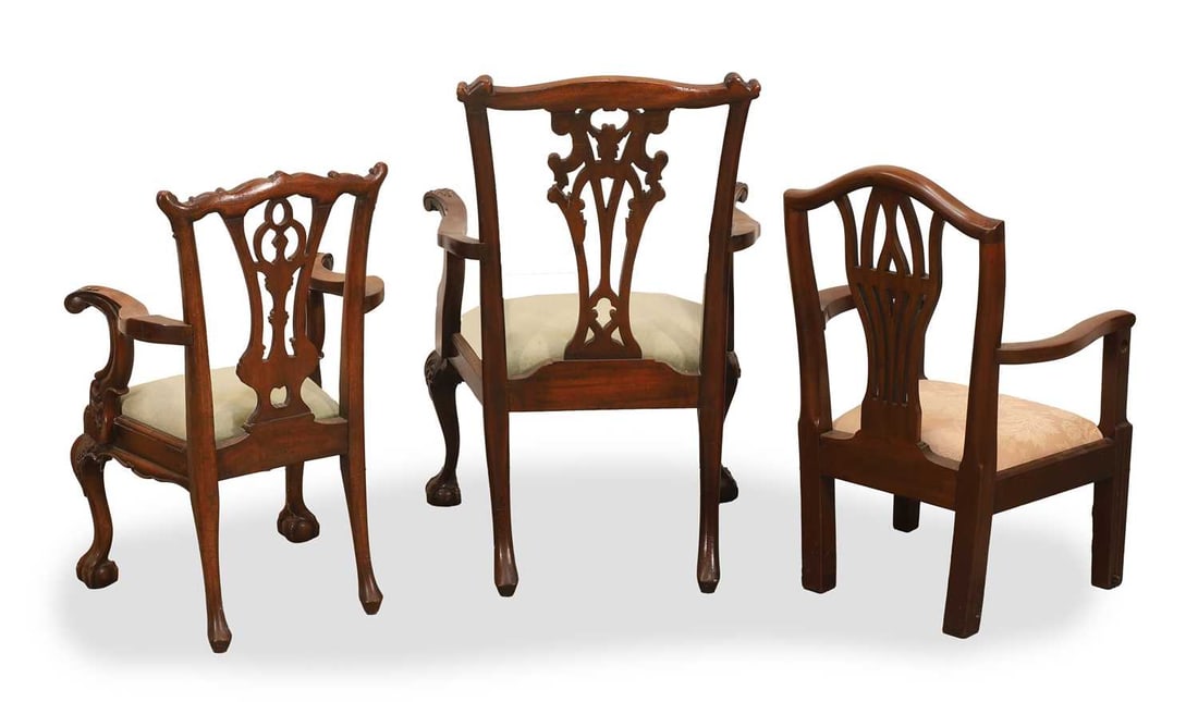 Three children's mahogany open armchairs 20th century, - 2