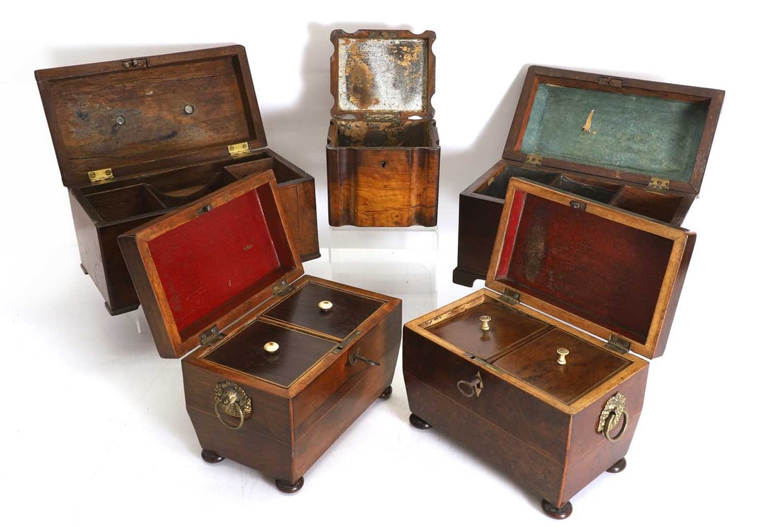 Six George III tea caddies, 19th century and later, - 2