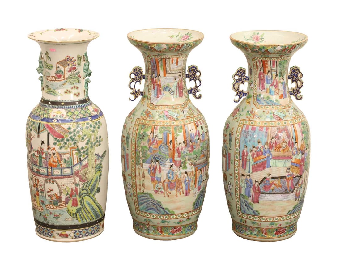 A pair of Chinese Canton famille rose twin-handled vases, 19th century, - 2