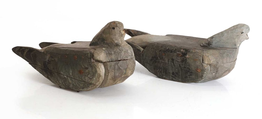 A pair of primitive painted wooden decoy pigeons, 20th century, - 2