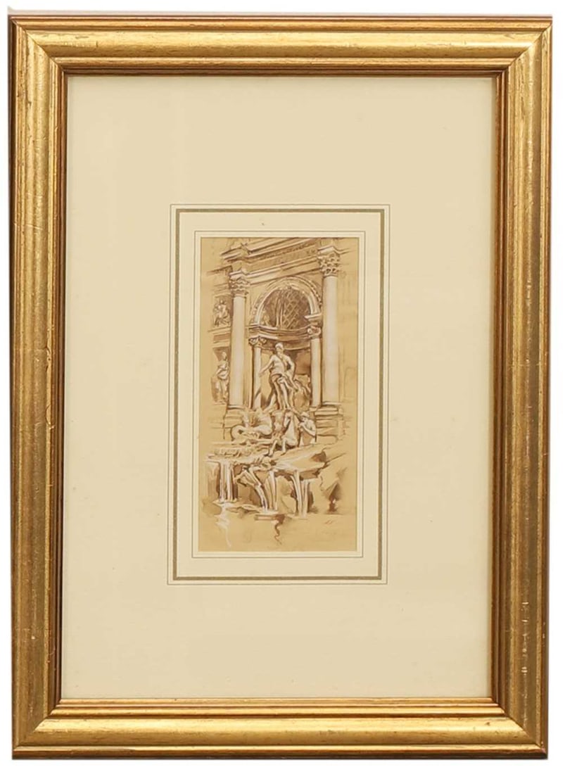 20th Century School The Trevi Fountain, Rome: 20th Century School The Trevi Fountain, Rome inscribed 'Fontana di Trevi' l.r., watercolour heightened with white 17.5 x 9cm; framed 41 x 31cm Condition Report: Slight rippling to edges. Presents