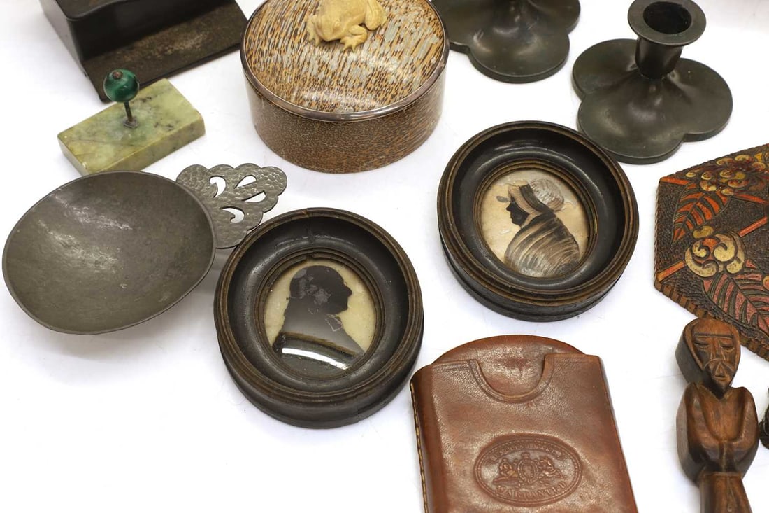 A collection of Tartan ware boxes, a 'Lion of Lucerne' carving, late 19th century, - 2