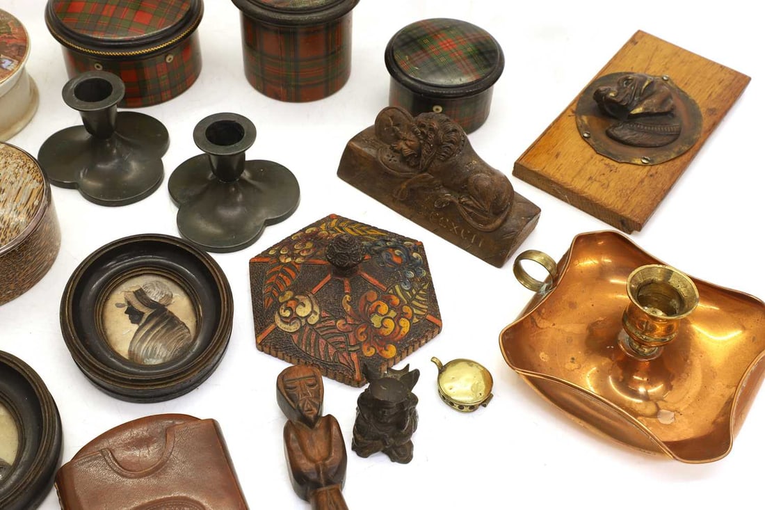 A collection of Tartan ware boxes, a 'Lion of Lucerne' carving, late 19th century, - 3