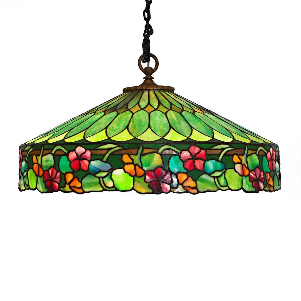 Duffner & Kimberly, a 'Nasturtium' ceiling light,: Duffner & Kimberly, a 'Nasturtium' ceiling light, circa 1910, American, of leaded glass and patinated bronze (72cm diameter, 28cm high excluding drop) Provenance: A private UK collector. Condition