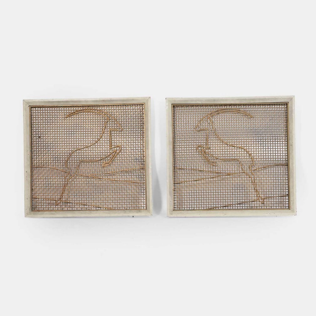 Art Deco, a pair of theatre panels,: Art Deco, a pair of theatre panels, circa 1930, each metal panel decorated with a stylised leaping gazelle (framed 62 x 67cm) (2) Condition Report: There is wear, scuffs, scratches, and marks to the p